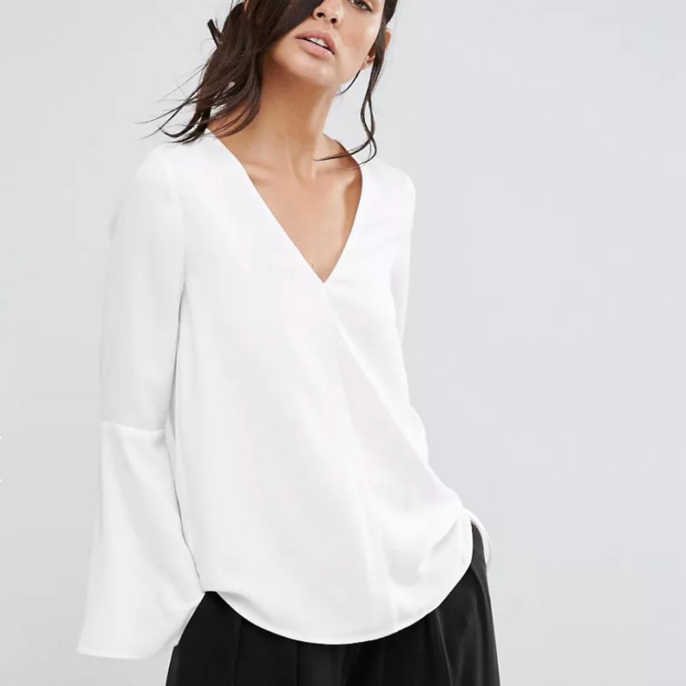 Asos Neon Rose Deep V Top With Fluted Sleeves (XS/S, White)